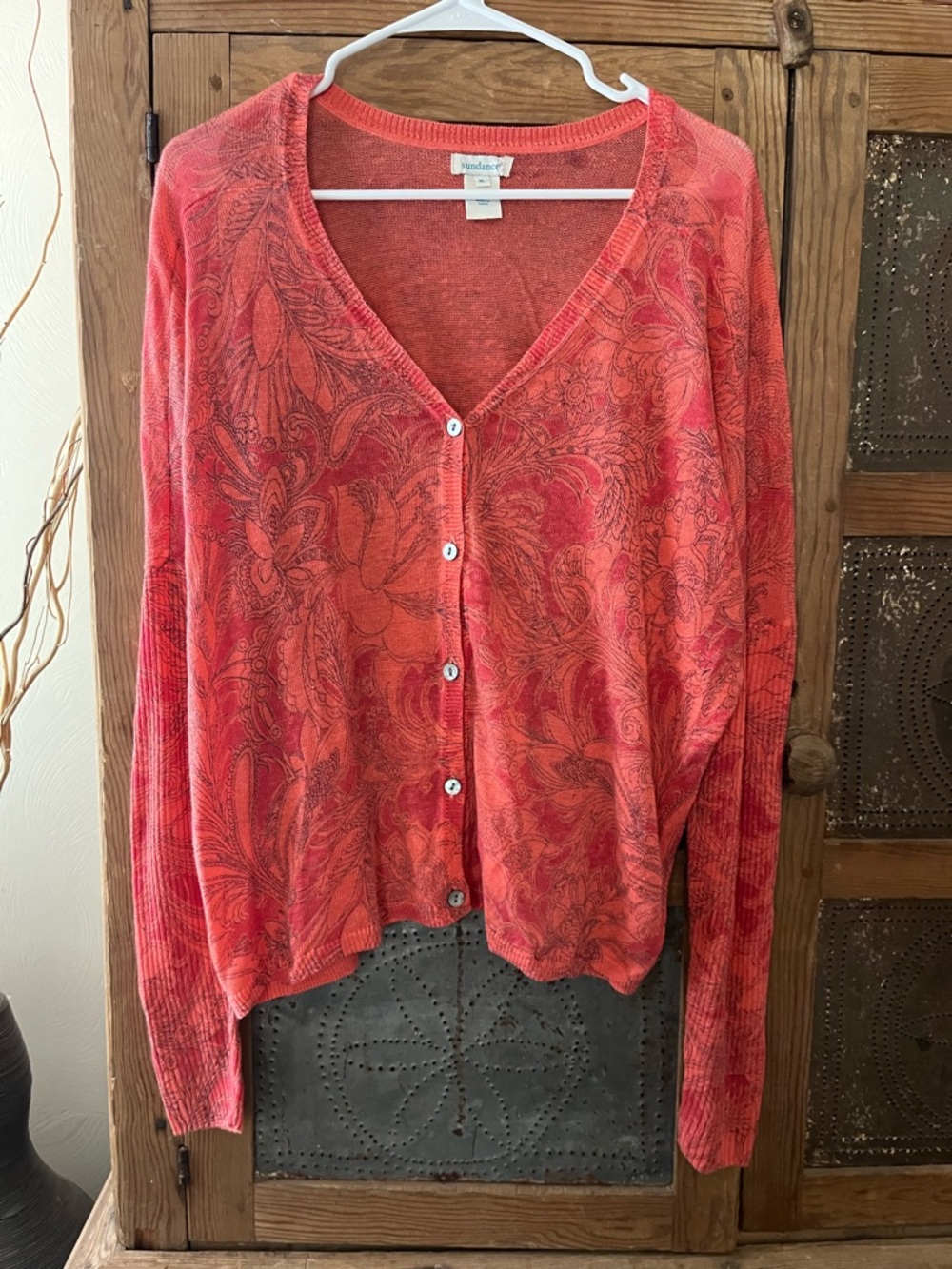 Sundance Coral-Red Paisley V-Neck Button-Front Cardigan